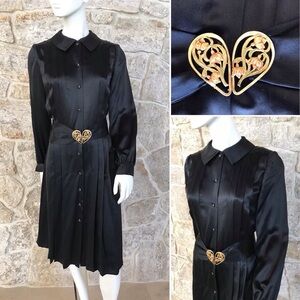 Stunning Vintage Black Satin Button Front Dress with Matching Belt Size Medium